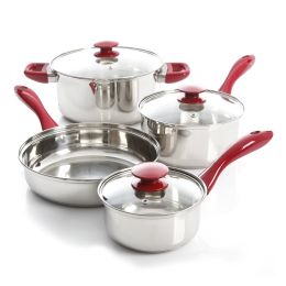 Sunbeam Crawford 7 pc Cookware Set Silver Mirror Polished Bakelite Handle - Red Handle